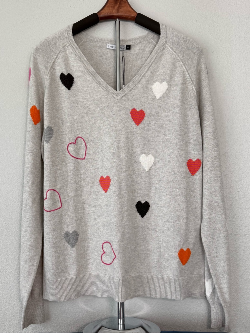 Zaket & Plover NWT Heart Print Cashmere Cotton Sweater V Neck Size M - Picture 7 of 9